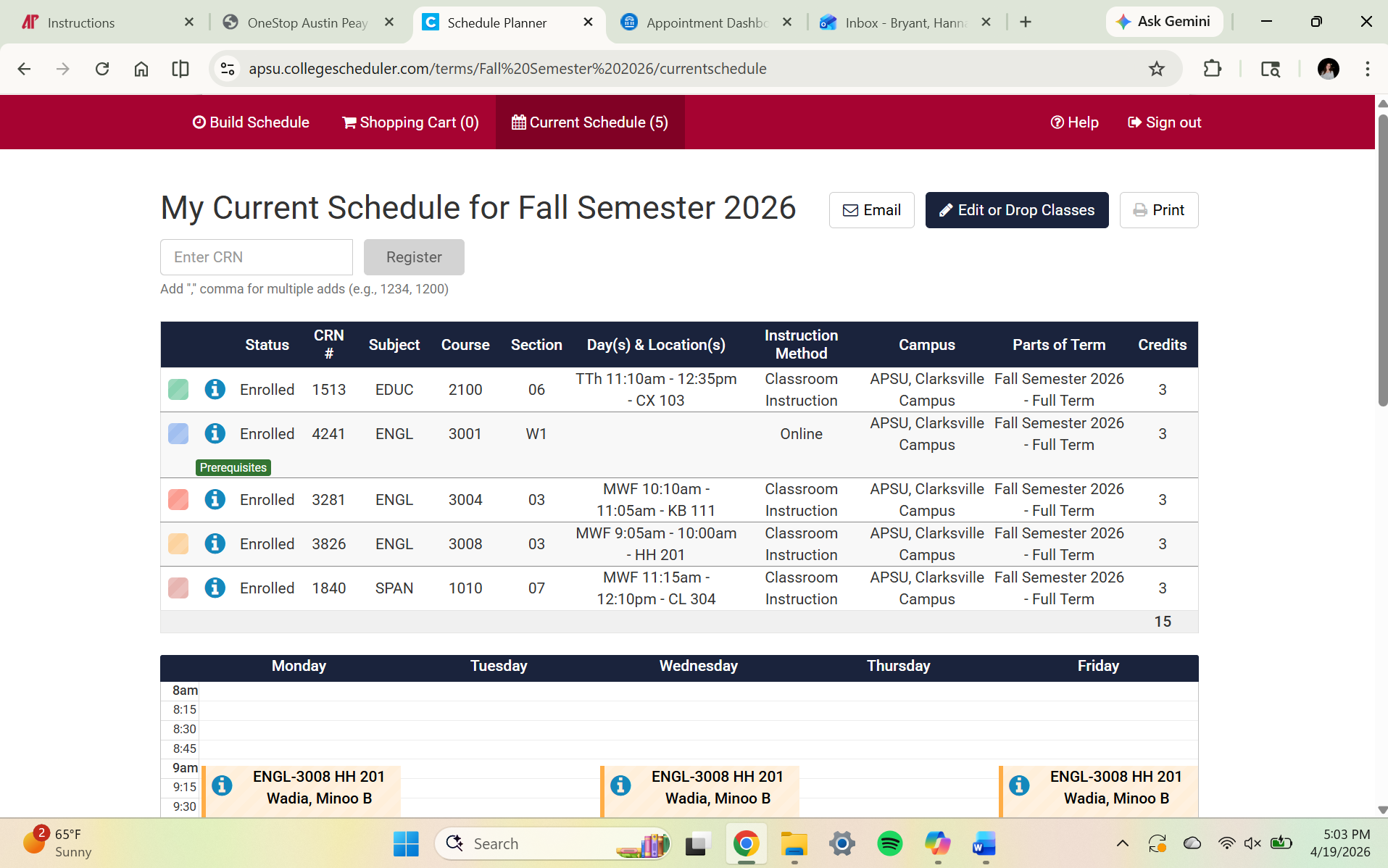 Capture the page where your selected classes are listed together.
